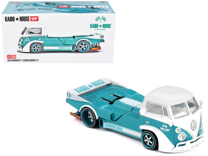 Volkswagen T1 Kaido Works V1 Truck Turquoise with White Top and Stripes Designed by Jun Imai Kaido House Special 1/64 Diecast Model Car Mini GT KHMG220