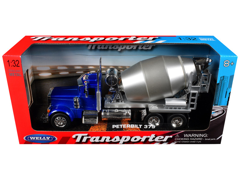 Peterbilt 379 Cement Mixer Blue Metallic with Chrome and Silver Mixer Transporter Series 1/32 Diecast Model Welly 39943W-BL