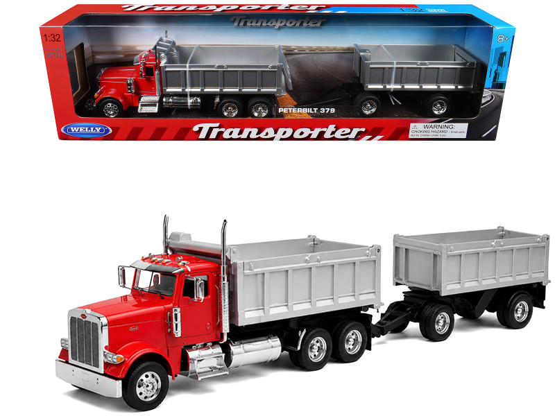 Peterbilt 379 Dump Truck Red with Gray Double Dump Trailer Transporter Series 1/32 Diecast Model Welly 39944-2GRD