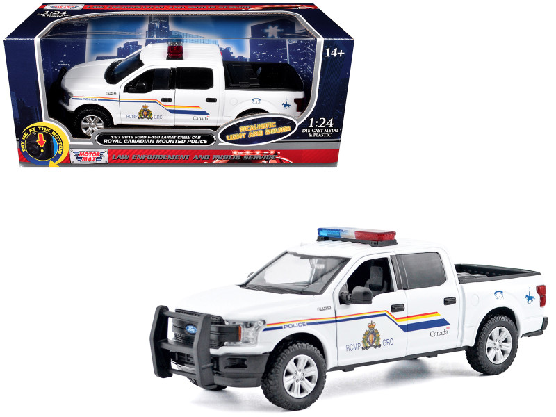 2019 Ford F-150 Lariat Crew Cab Pickup Truck Royal Canadian Mounted Police White with Flashing Light Bar and Front and Rear Lights and Sounds Law Enforcement and Public Service Series 1/24-1/27 Diecast Model Car Motormax 79514