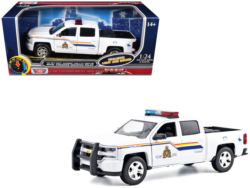 2017 Chevrolet Silverado 1500 LT Z71 Crew Cab Pickup Truck Royal Canadian Mounted Police White with Flashing Light Bar and Front and Rear Lights and Sounds Law Enforcement and Public Service Series 1/24 1/27 Diecast Model Car Motormax 79515