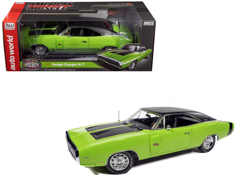 1970 Dodge Charger R/T Muscle Car & Corvette Nationals MCACN Sublime Green with Black Stripes and Black Vinyl Top American Muscle Series 1/18 Diecast Model Car Auto World AMM1357