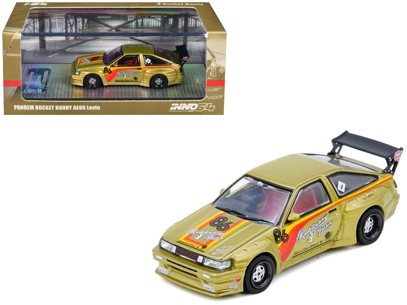 Toyota Levin AE86 RHD Right Hand Drive #86 Pandem Rocket Bunny Gold Metallic with Stripes 1/64 Diecast Model Car Inno Models IN64-AE86P-GLD