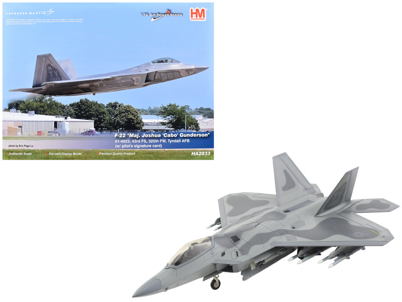 Lockheed F 22 Raptor Stealth Aircraft 01 4023 Major Joshua Cabo Gunderson 43rd FS 325th FW Tyndall AFB United States Air Force Air Power Series 1/72 Diecast Model Hobby Master HA2833