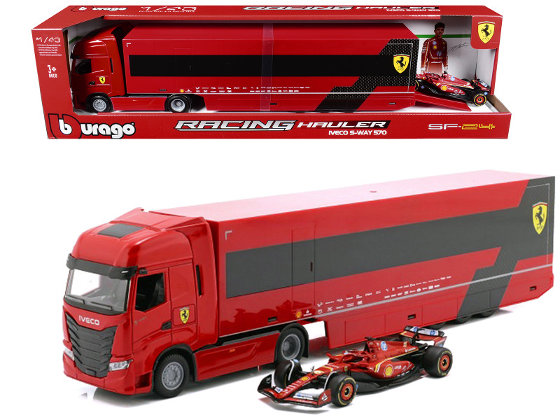 Iveco S-Way 570 Car Transporter Red and Ferrari SF-24 #16 Charles Leclerc Formula One F1 World Championship 2024 Racing Hauler Series 1/43 Diecast Model Car Bburago 36867CL