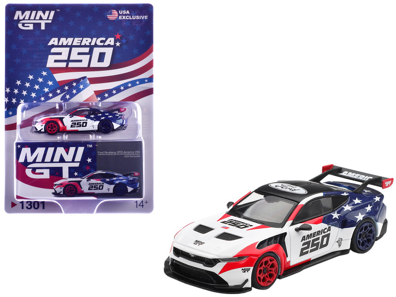 Ford Mustang GTD America 250 - USA Exclusive White with American Flag Graphics Limited Edition 1/64 Die Cast Model Car Mini GT MGT01301