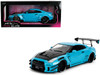 Nissan GT-R R35 Liberty Walk Body Kit 2.0 RHD Right Hand Drive Blue with Black Hood Pink Slips Series 1/18 Diecast Model Car Jada 37069
