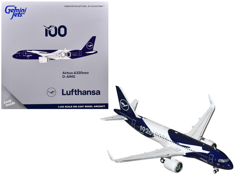 Airbus A320neo Commercial Aircraft Lufthansa 100th Anniversary D-AING White and Dark Blue 1/400 Diecast Model Airplane GeminiJets GJDLH2413