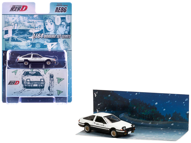 Toyota Sprinter Trueno AE86 RHD Right Hand Drive White with Black Stripes Takumi Fujiwara & Natsuki Mogi - Initial D 1995-2013 Manga Diorama Set Series 1/64 Diecast Model Car Hobby Japan HJDMD001F