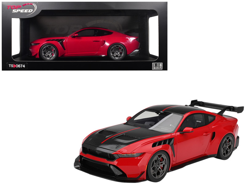 Ford Mustang GTD Race Red and Carbon Fiber with Red Stripe 1/18 Model Car Top Speed TS0674