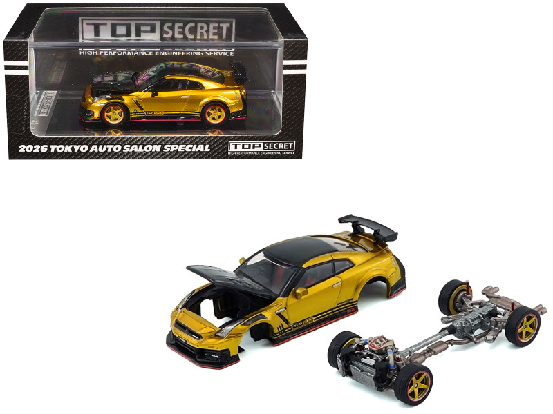 Nissan Top Secret GT-R R35 RHD Right Hand Drive Gold Metallic with Carbon Hood and Top Tokyo Auto Salon 2026 1/64 Diecast Model Car BM Creations 64B0494