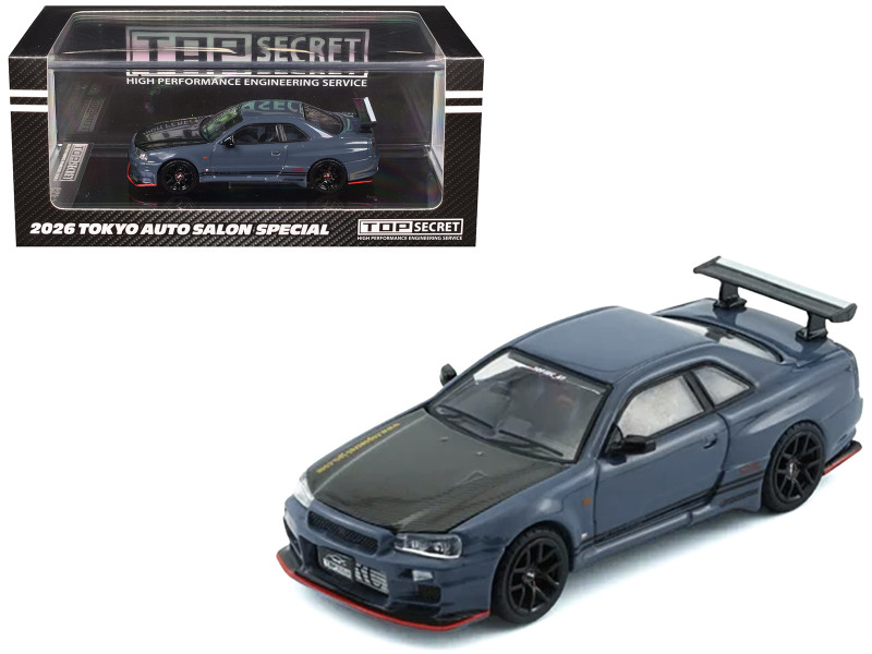 Nissan Top Secret Skyline GT-R BNR34 RHD Right Hand Drive Stealth Gray with Carbon Hood Tokyo Auto Salon 2026 1/64 Diecast Model Car BM Creations 64B0498
