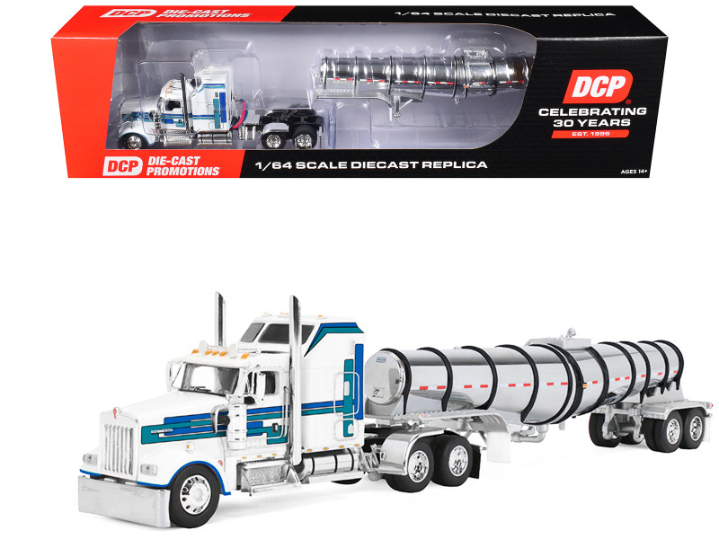 Kenworth W900L with 60 Aerodyne Sleeper and Polar Deep Drop Trailer White with Blue and Green Stripes 1/64 Diecast Model DCP/First Gear 60-2353