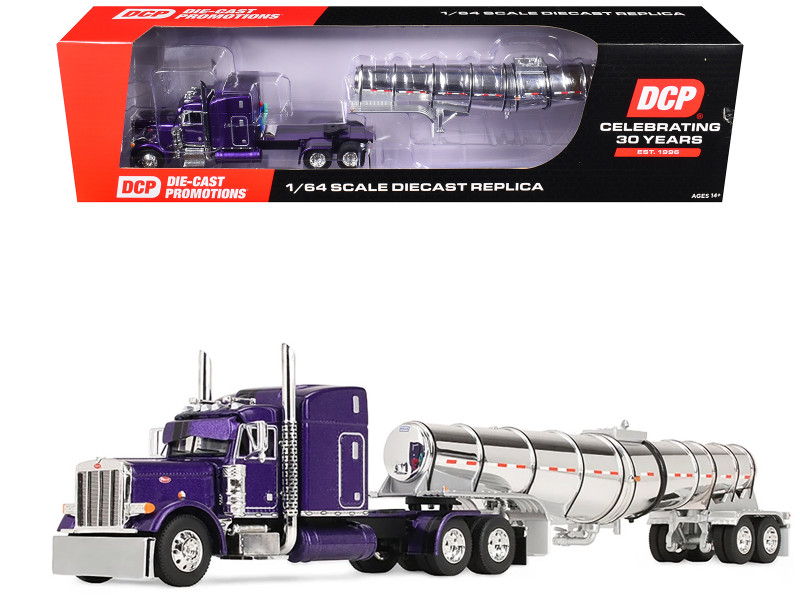 Peterbilt 379 with 63 Mid-Roof Sleeper and Polar Deep Drop Trailer Wild Orchid Purple with Black Stripes 1/64 Diecast Model DCP/First Gear 60-2354