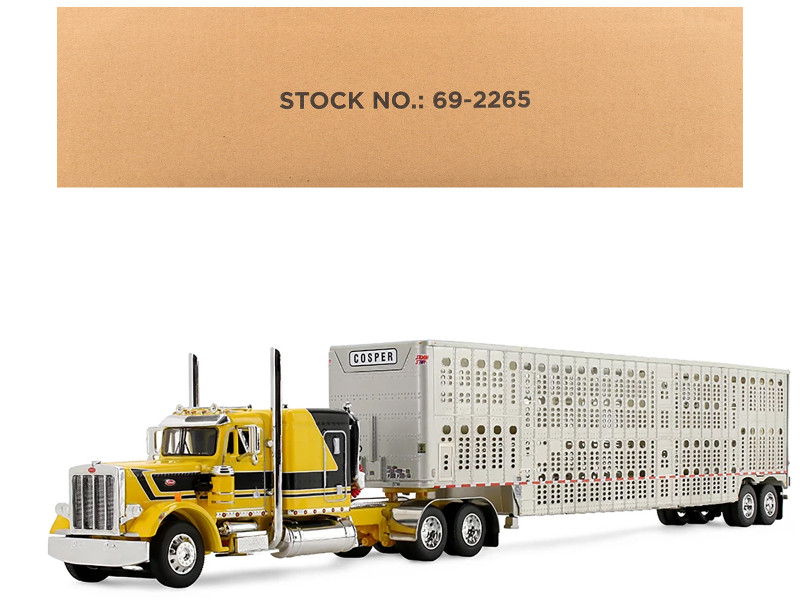 Peterbilt 359 with 63 Flat Top Sleeper & Wilson Silverstar Livestock Trailer Red's Favorites - Hank Cosper Yellow with Black Stripes 1/64 Diecast Model DCP/First Gear 69-2265