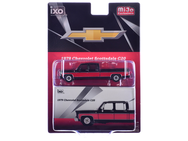 1979 Chevrolet Scottsdale C20 Crew Cab Pickup Truck Black with Red Side Stripes Limited Edition 1/64 Diecast Model Car IXO Models IAPR1015