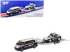 Porsche 911 Dakar #718 Blue and White with Roof Rack and Volkswagen ID. Buzz Blue and White with Flatbed Trailer Porsche Centrum Gelderland Roughroads Set of 3 pieces Limited Edition 1/64 Diecast Model Car Mini GT MGTS0019