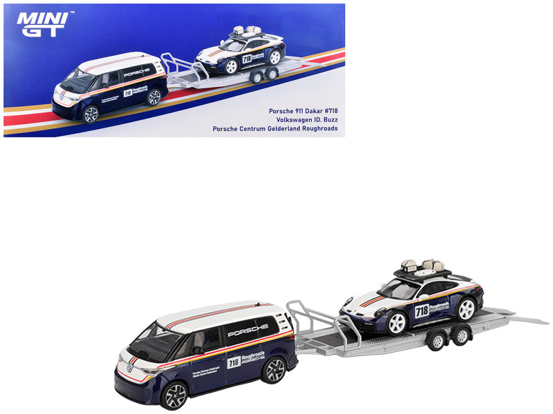 Porsche 911 Dakar #718 Blue and White with Roof Rack and Volkswagen ID. Buzz Blue and White with Flatbed Trailer Porsche Centrum Gelderland Roughroads Set of 3 pieces Limited Edition 1/64 Diecast Model Car Mini GT MGTS0019