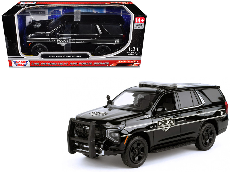 2025 Chevrolet Tahoe PPV General Motors Police Black Custom Builder s Kit Law Enforcement and Public Service Series 1/24 Diecast Model Car Motormax 76642BK