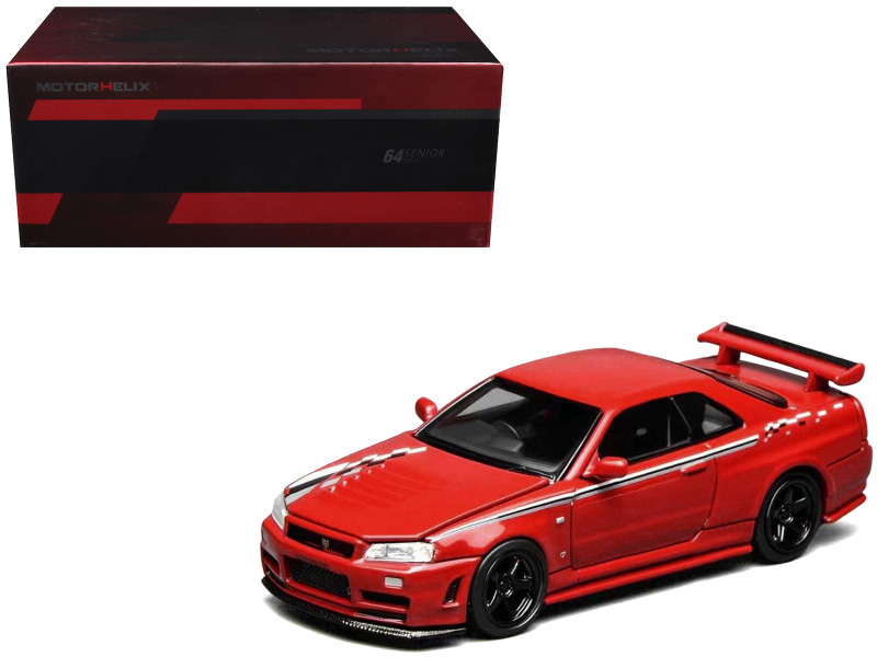 Nissan Skyline GT-R R34 Nismo RHD Right Hand Drive Custom Red with Stripes Senior 64 Series 1/64 Diecast Model Car MotorHelix M63420