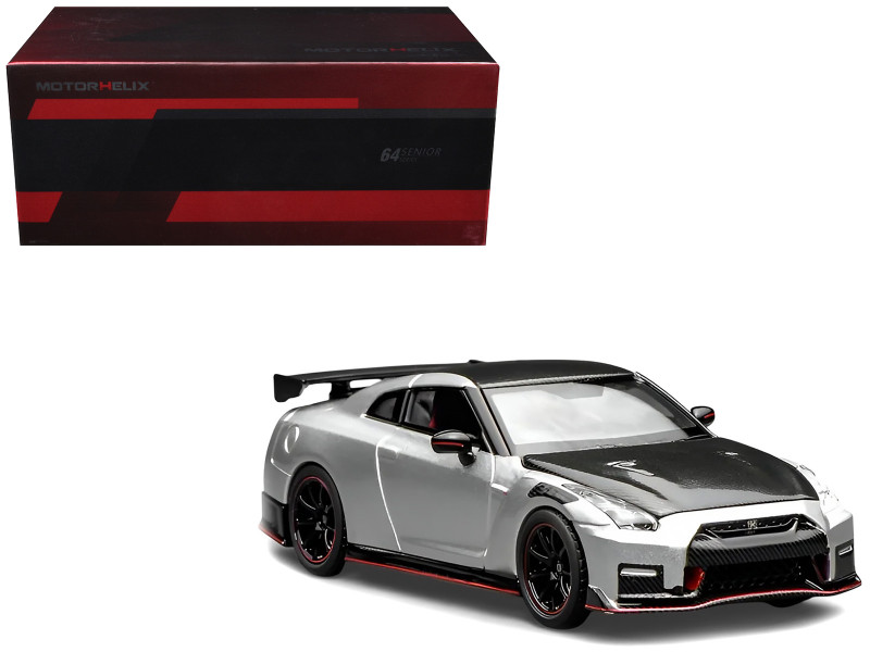 2022 Nissan GT-R Nismo R35 RHD Right Hand Drive Ultimate Metal Silver Metallic with Carbon Hood and Top Senior 64 Series 1/64 Diecast Model Car MotorHelix M63523