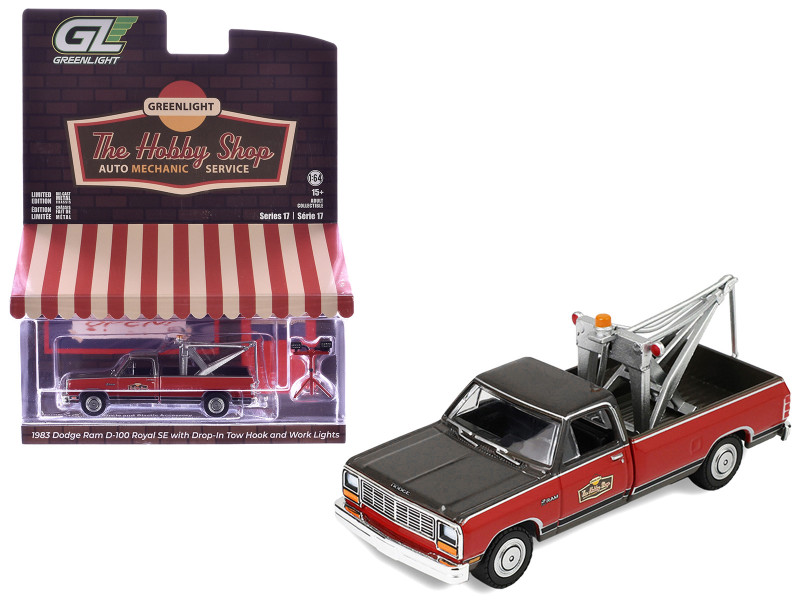 1983 Dodge Ram D-100 Royal SE Tow Truck with Drop-In Tow Hook Hobby Shop Auto Mechanic Brown and Red with Work Lights The Hobby Shop Series 17 1/64 Diecast Model Car Greenlight 97170B