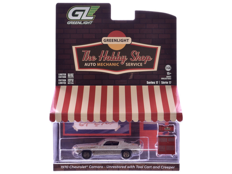 1970 Chevrolet Camaro Cortez Silver Unrestored with Tool Cart and Creeper The Hobby Shop Series 17 1/64 Diecast Model Car Greenlight 97170C