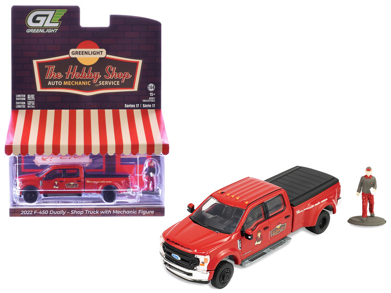 2022 Ford F-450 Dually Pickup Truck Hobby Shop Auto Mechanic Red with Mechanic Figure The Hobby Shop Series 17 1/64 Diecast Model Car Greenlight 97170F