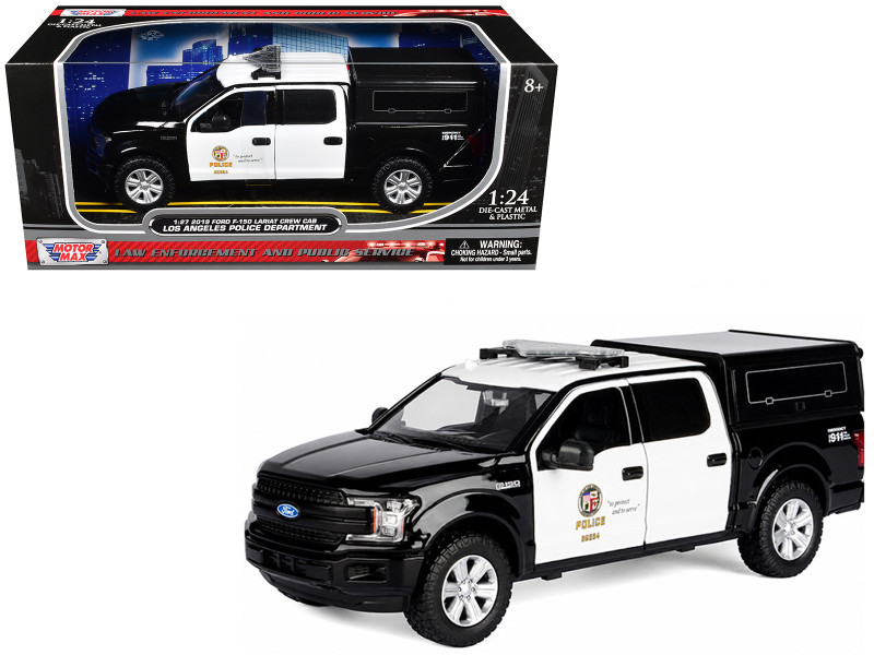 2019 Ford F-150 Lariat Crew Cab Pickup Truck with Camper Los Angeles Police Department Black and White Law Enforcement and Public Service Series 1/24-1/27 Diecast Car Motormax 76819