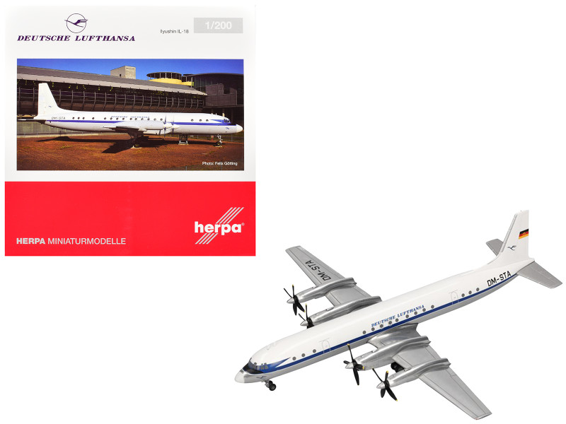 Ilyushin IL-18 Commercial Aircraft Deutsche Lufthansa DM-STA White with Blue Stripes 1/200 Diecast Model Herpa HE573689
