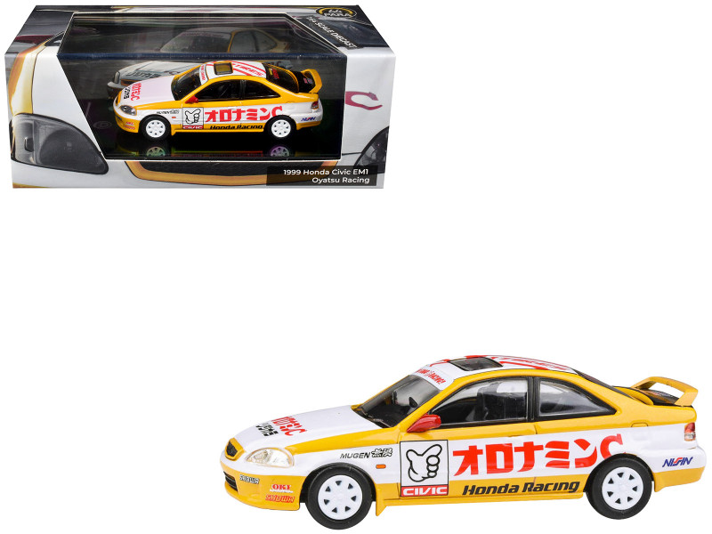 1999 Honda Civic EM1 RHD Right Hand Drive Oyatsu Racing White and Yellow with Graphics 1/64 Diecast Model Car Paragon Models PA-65630