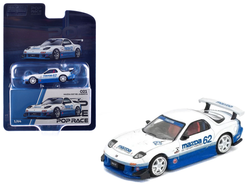 Mazda RX7 RE Amemiya RHD Right Hand Drive #62 White and Blue with Graphics Enigma Exclusive Edition 1/64 Diecast Model Car Pop Race PR64-PRE021