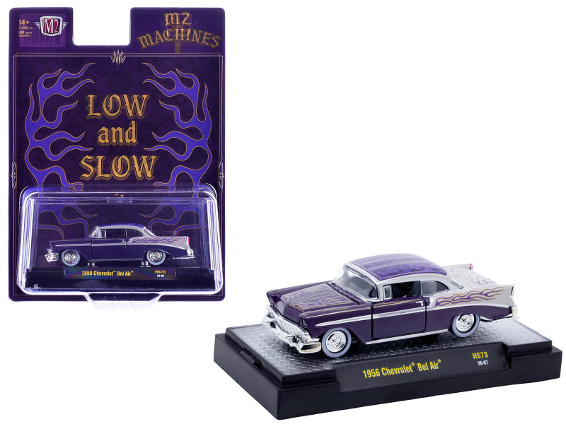 1956 Chevrolet Bel Air Low and Slow Purple Two-Tone with Graphics Limited Edition to 5500 pieces Worldwide 1/64 Diecast Model Car M2 Machines 31500-HS73