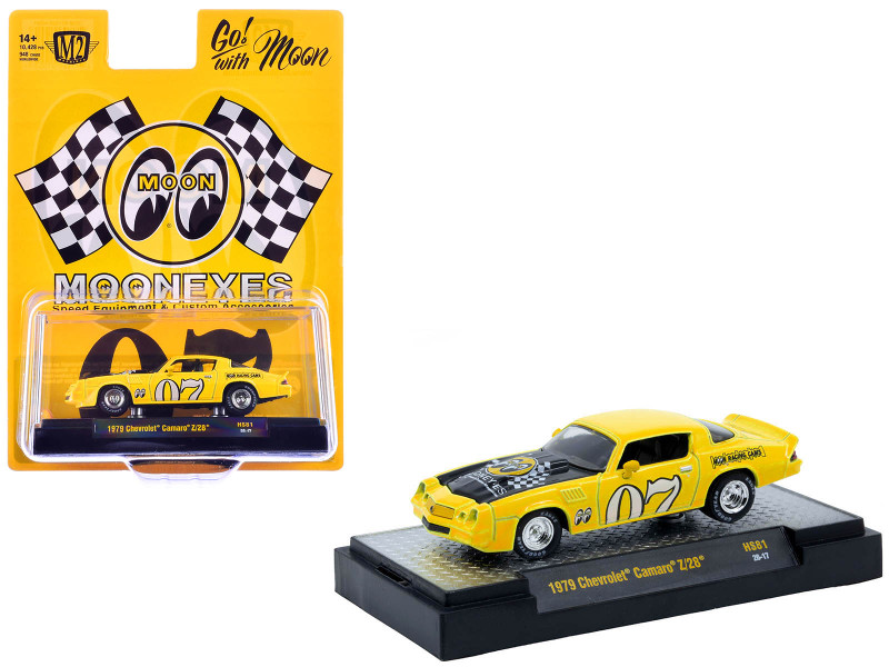 1979 Chevrolet Camaro Z/28 MoonEyes Yellow with Black Hood and Graphics Limited Edition to 10428 pieces Worldwide 1/64 Diecast Model Car M2 Machines 31500-HS81