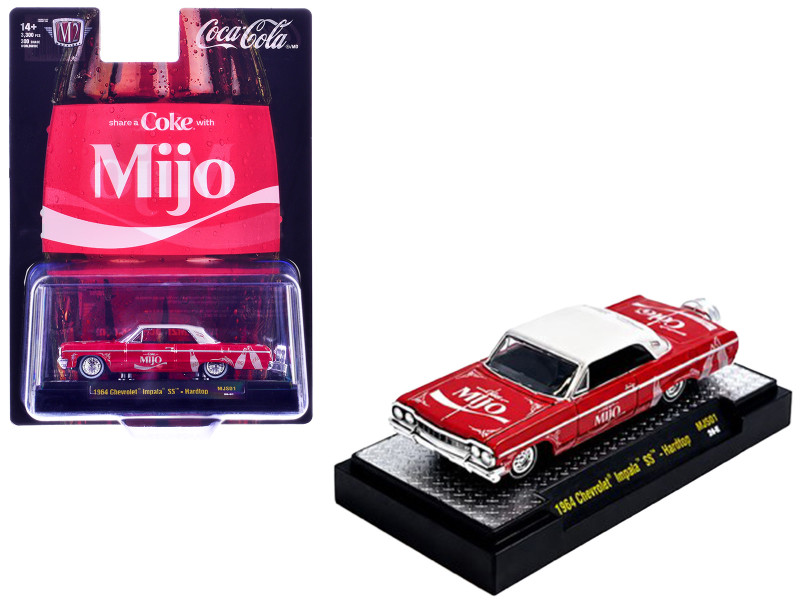 1964 Chevrolet Impala SS Lowrider Coca Cola Red with White Top and Graphics Limited Edition to 9340 pieces Worldwide 1/64 Diecast Model Car M2 Machines 51500-MJS01