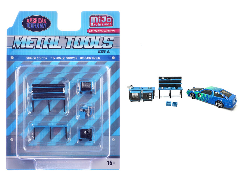 Metal Tools Set A Blue of 14 Pieces Limited Edition for 1/64 Scale Models American Diorama AD-2449MJ