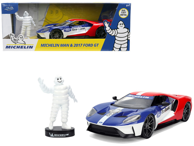 2017 Ford GT Blue and Red with White Stripes with Michelin Man Diecast Figure Michelin Tires Hollywood Rides Series 1/24 Diecast Model Car Jada 37628