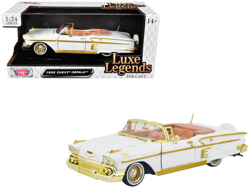 1958 Chevrolet Impala White Metallic with Gold Accents Luxe Legends Series 1/24 Diecast Model Car Motormax 79222W