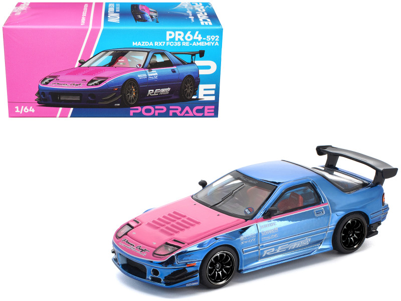 Mazda RX7 FC3S RE Amemiya RHD Right Hand Drive Blue Chrome with Pink Hood Street 7 Chrome 1/64 Diecast Model Car Pop Race PR640592