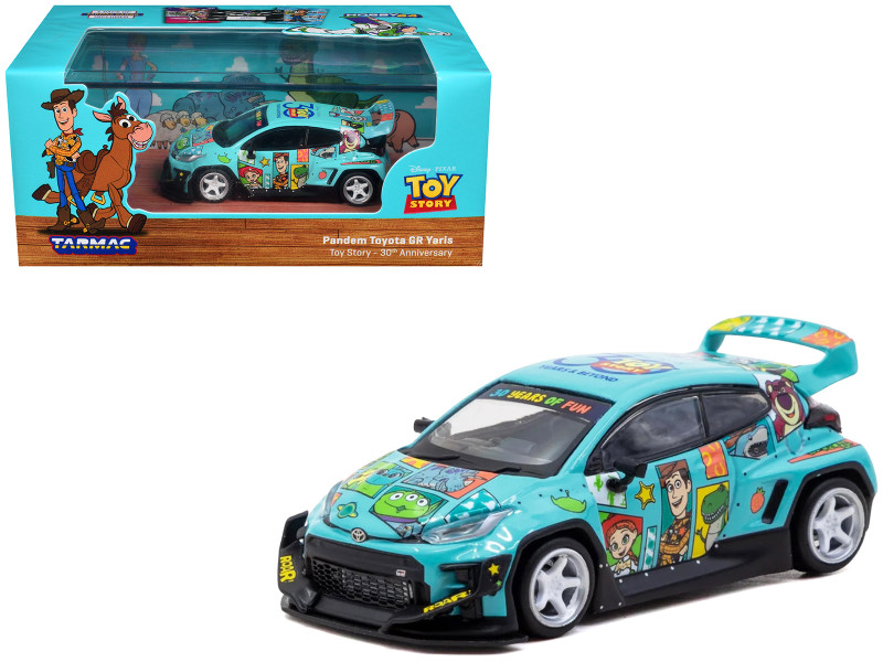 Toyota Pandem GR Yaris RHD Right Hand Drive Toy Story 30th Anniversary Blue with Graphics with Tarmac Cards Hobby64 Series 1/64 Diecast Model Tarmac Works T64-080-TS2