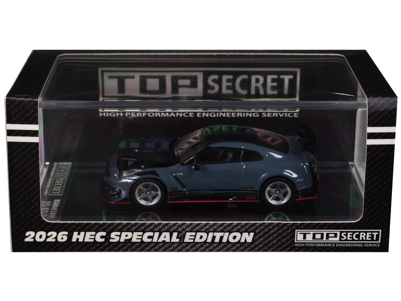 Nissan Top Secret GT-R R35 RHD Right Hand Drive Stealth Gray with Carbon Hood and Top Hobby Expo China 2026 1/64 Diecast Model Car BM Creations 64B0499