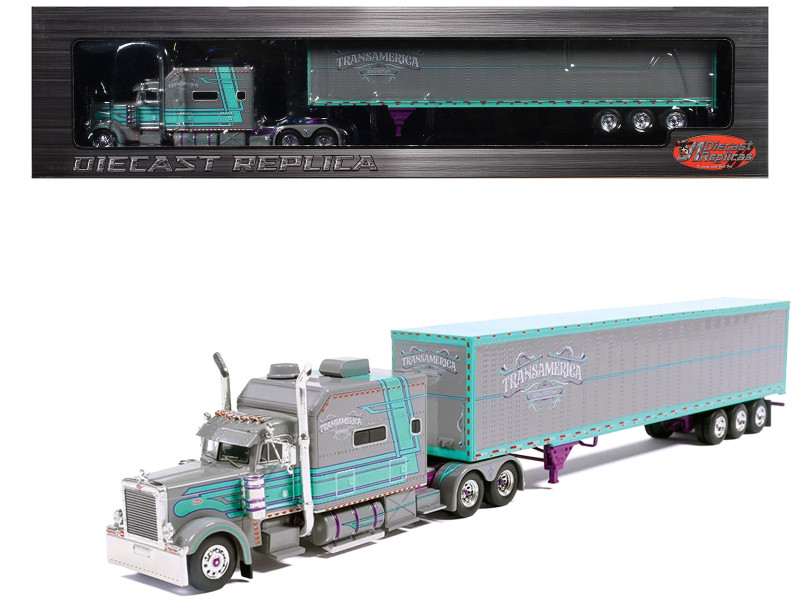 Peterbilt 379 Truck with Sleeper and Dry Goods Trailer TransAmerica Gray with Seafoam Green Graphics J1 Diecast Series 1/64 Diecast Model IXO Models IAPR1027