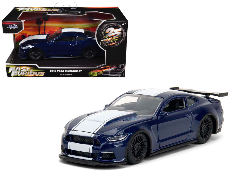 2016 Ford Mustang GT Dark Blue Metallic with White Stripe F9 2021 Movie 25 Years of Fast & Furious Series 1/32 Diecast Model Car Jada 34447-25TH