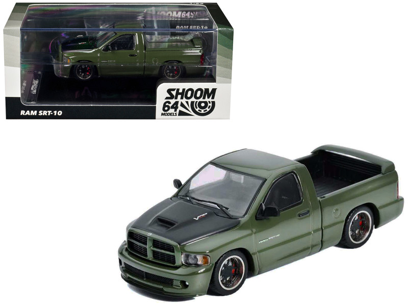 2003 Dodge Ram SRT-10 Pickup Truck Green Metallic with Matt Black Hood 1/64 Diecast Model Car Shoom64 Models SHOOM-103-017