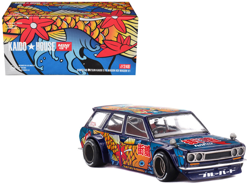 Datsun Kaido 510 Wagon RHD Right Hand Drive Koi Wagon V1 Blue with Koi Fish Graphics Designed by Jun Imai Kaido House Special 1/64 Diecast Model Car Mini GT KHMG248