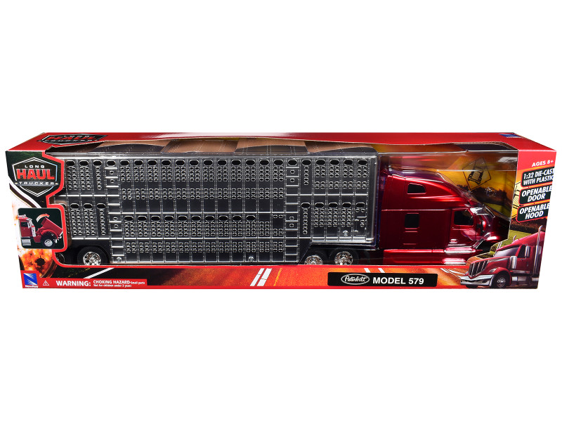 Peterbilt 579 Truck Red Metallic with Livestock Trailer Chrome Long Haul Truckers Series 1/32 Diecast Model New Ray 12563