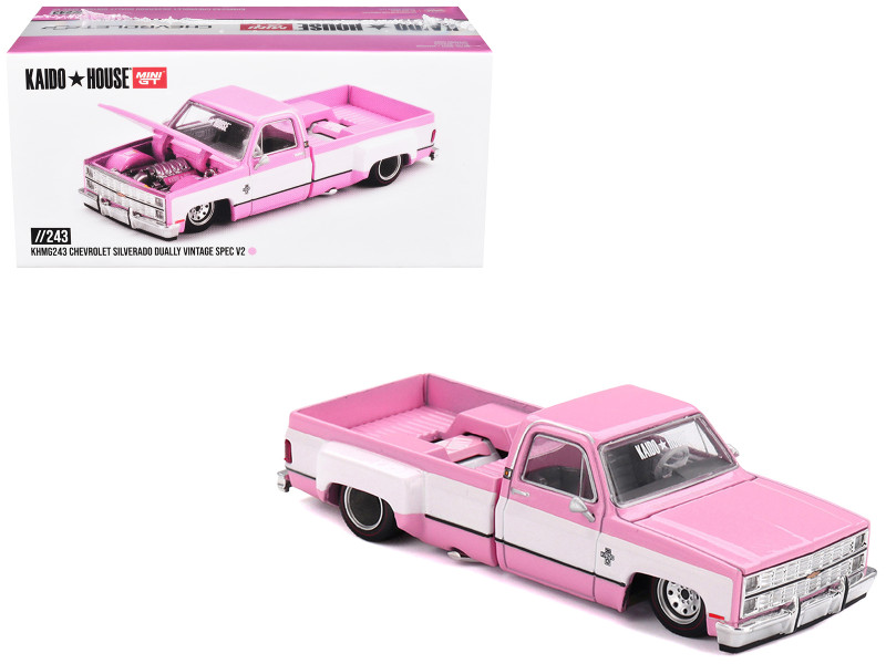 Chevrolet Silverado Dually Pickup Truck Vintage Spec V2 Pink with White Sides Designed by Jun Imai Kaido House Special 1/64 Diecast Model Car Mini GT KHMG243