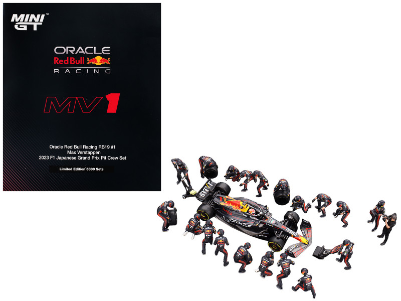 Red Bull RB19 #1 Max Verstappen Winner Formula One F1 Japanese GP 2023 with Red Bull Pit Crew Set of 21 pieces Limited Edition to 5000 pieces Worldwide 1/64 Diecast Model Car Mini GT MGTS0014