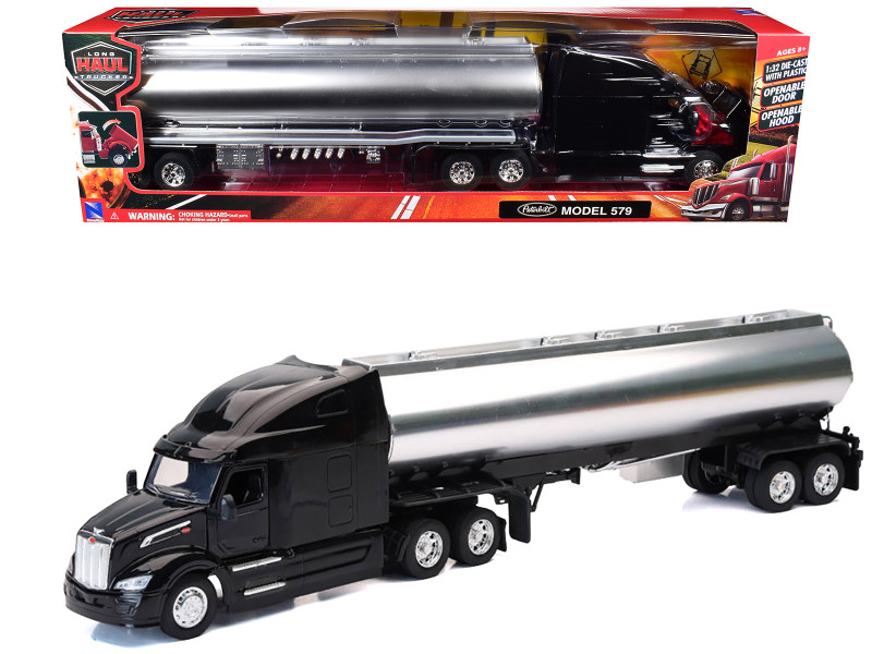 Peterbilt 579 Truck Black with Tanker Trailer Silver Long Haul Truckers Series 1/32 Diecast Model New Ray 12553