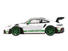 2022 Porsche 911 GT3 RS with Weissach Pack Tribute to Carrera RS White with Carbon Hood and Top and Python Green Stripes 1/12 Diecast Model Car Norev 127535